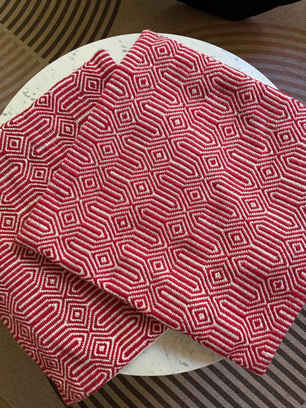 Set of Boho Throw Pillow Covers, 22”x22”, two red-white, woven covers